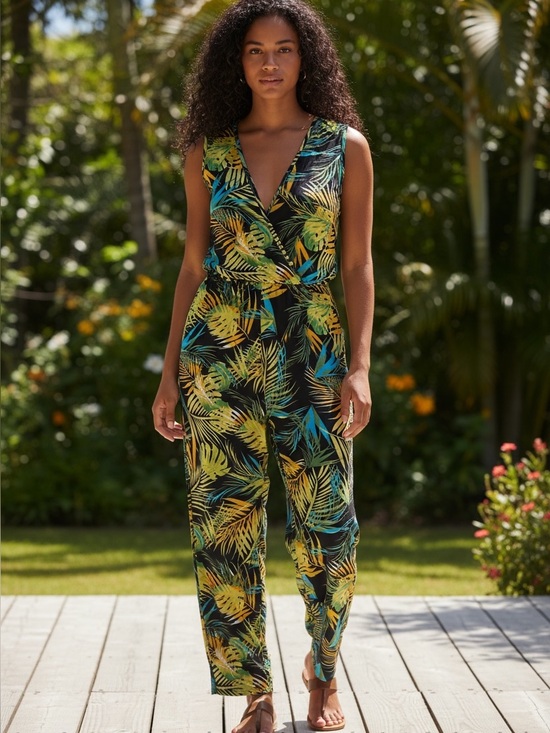SHEIN Pants - SHEIN Black Tropical Print Sleeveless Jumpsuit with Green & Teal Leaves